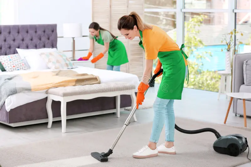 Team Professional Janitors Uniform Cleaning Bedroom 123603464